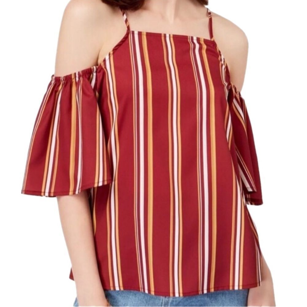 Crave Fame Womens Small Red Striped Cold Shoulder Blouse